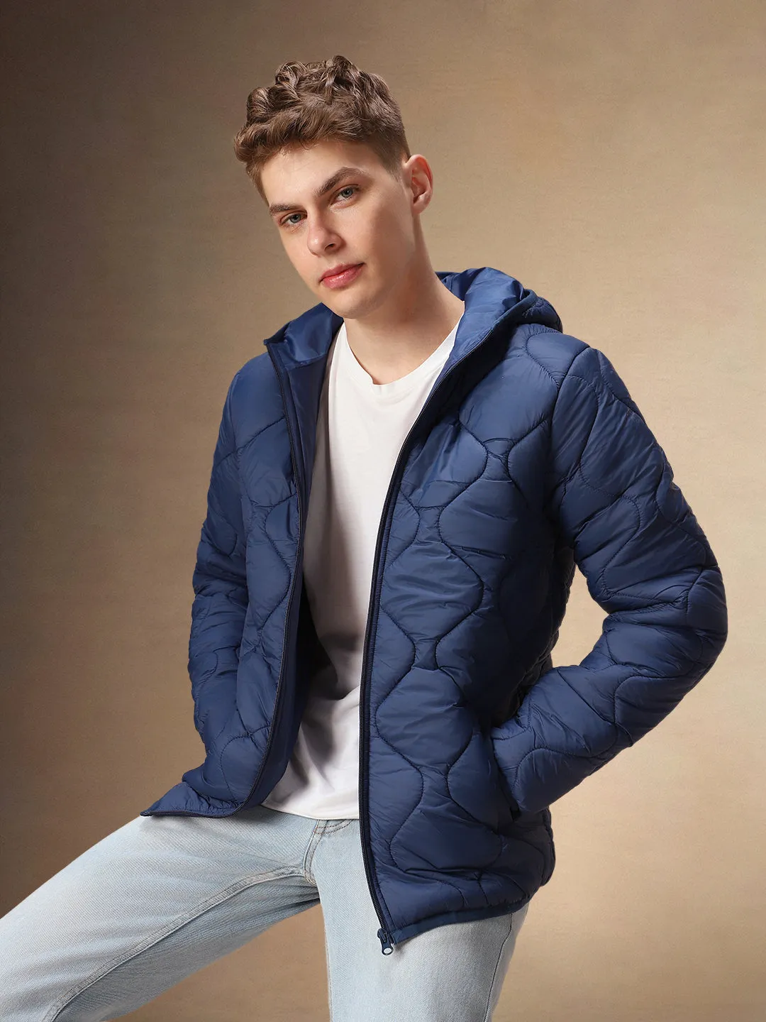 Men's Solid Navy Quilted Full Sleeves Hooded Puffer Jacket