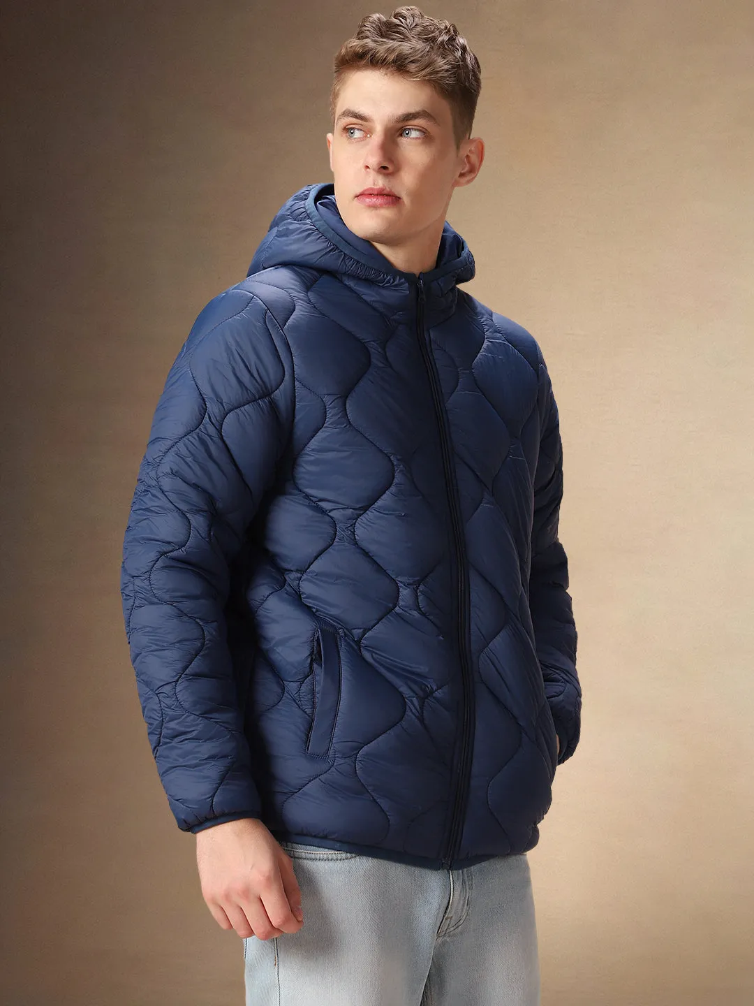 Men's Solid Navy Quilted Full Sleeves Hooded Puffer Jacket