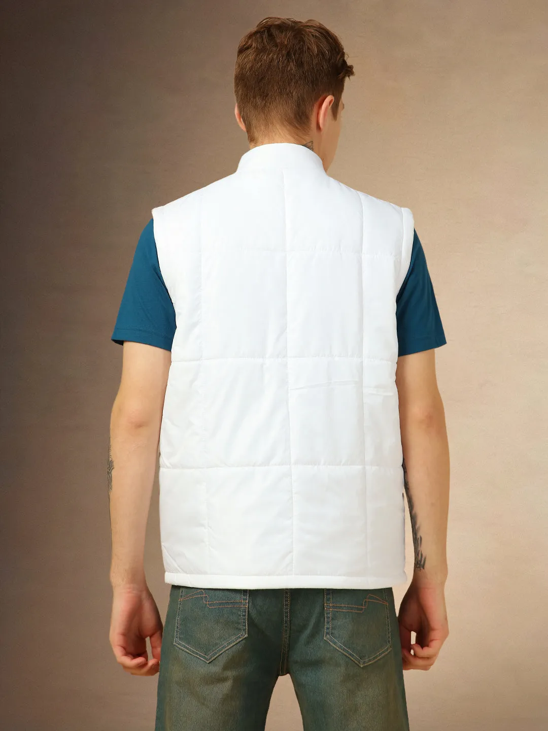 Men's White Solid Mock Collar Sleeveless Jackets