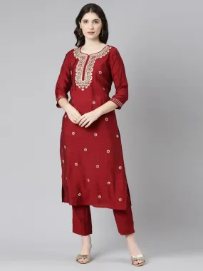 Neeru's Maroon Regular Straight Embroidered Kurta And Trousers