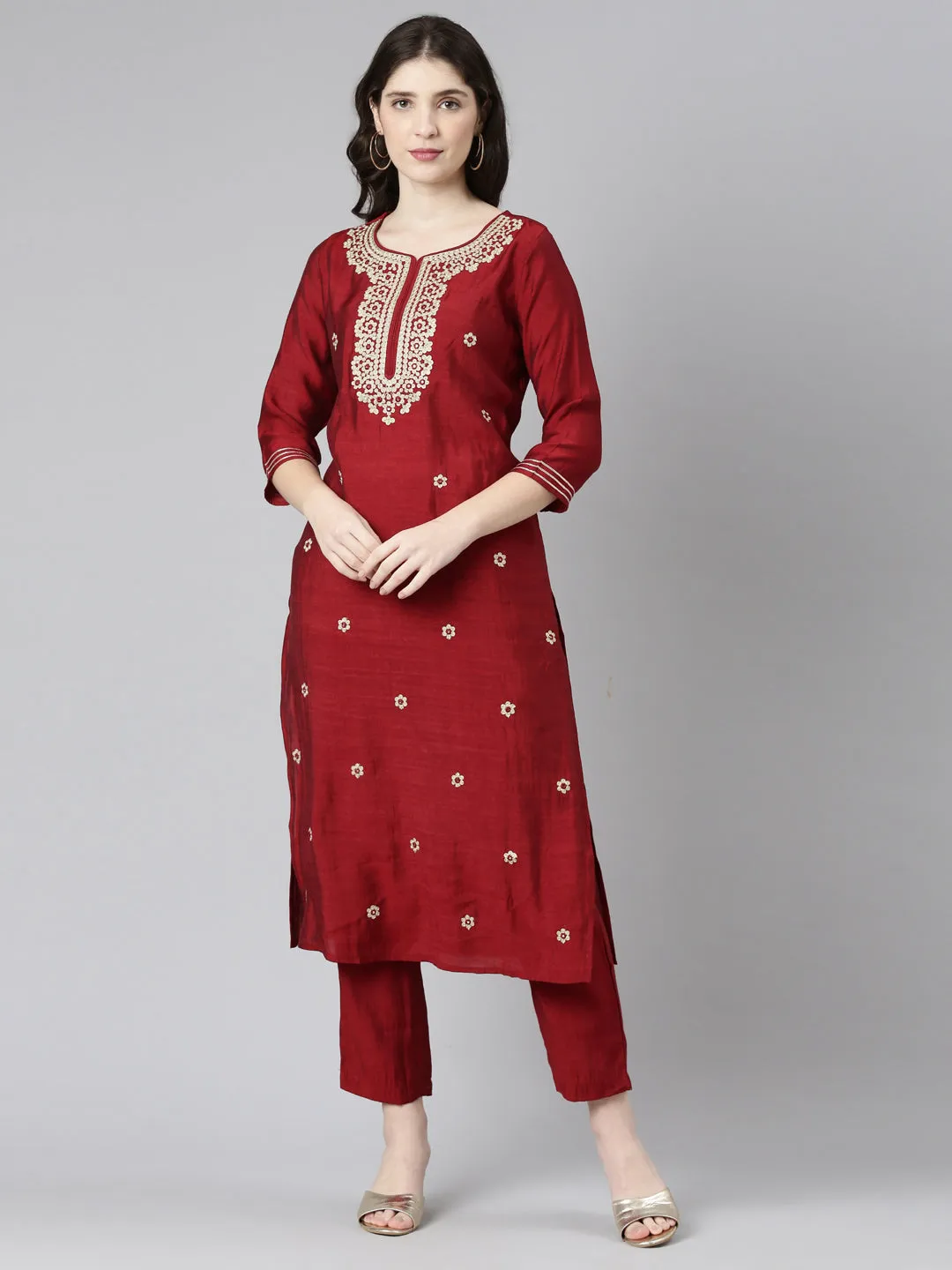 Neeru's Maroon Regular Straight Embroidered Kurta And Trousers