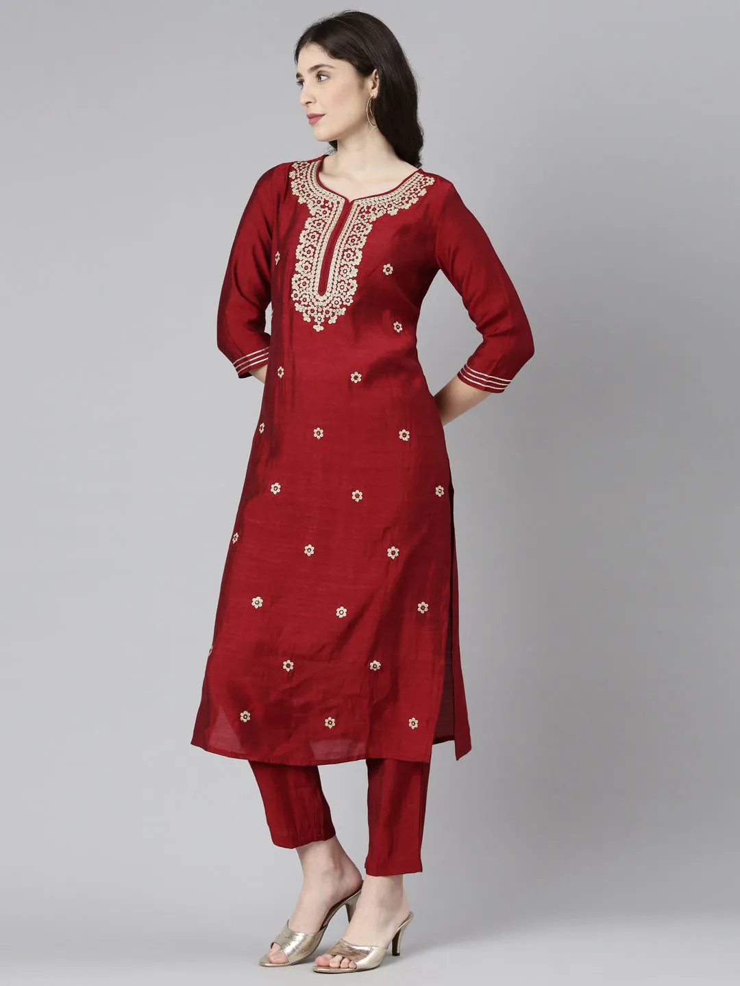 Neeru's Maroon Regular Straight Embroidered Kurta And Trousers