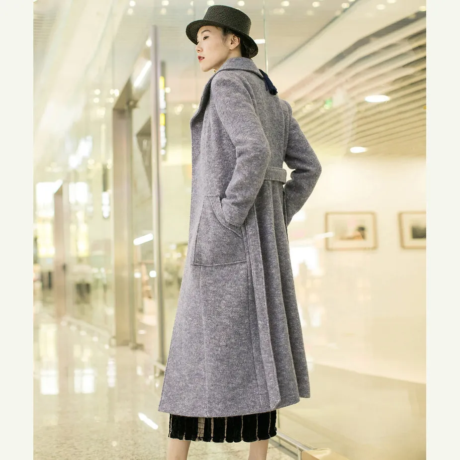 New light purple woolen outwear trendy plus size tei waist long coats pockets coats