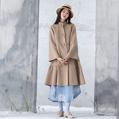 New nude woolen outwear oversized mid-length coats patchwork coats stand collar