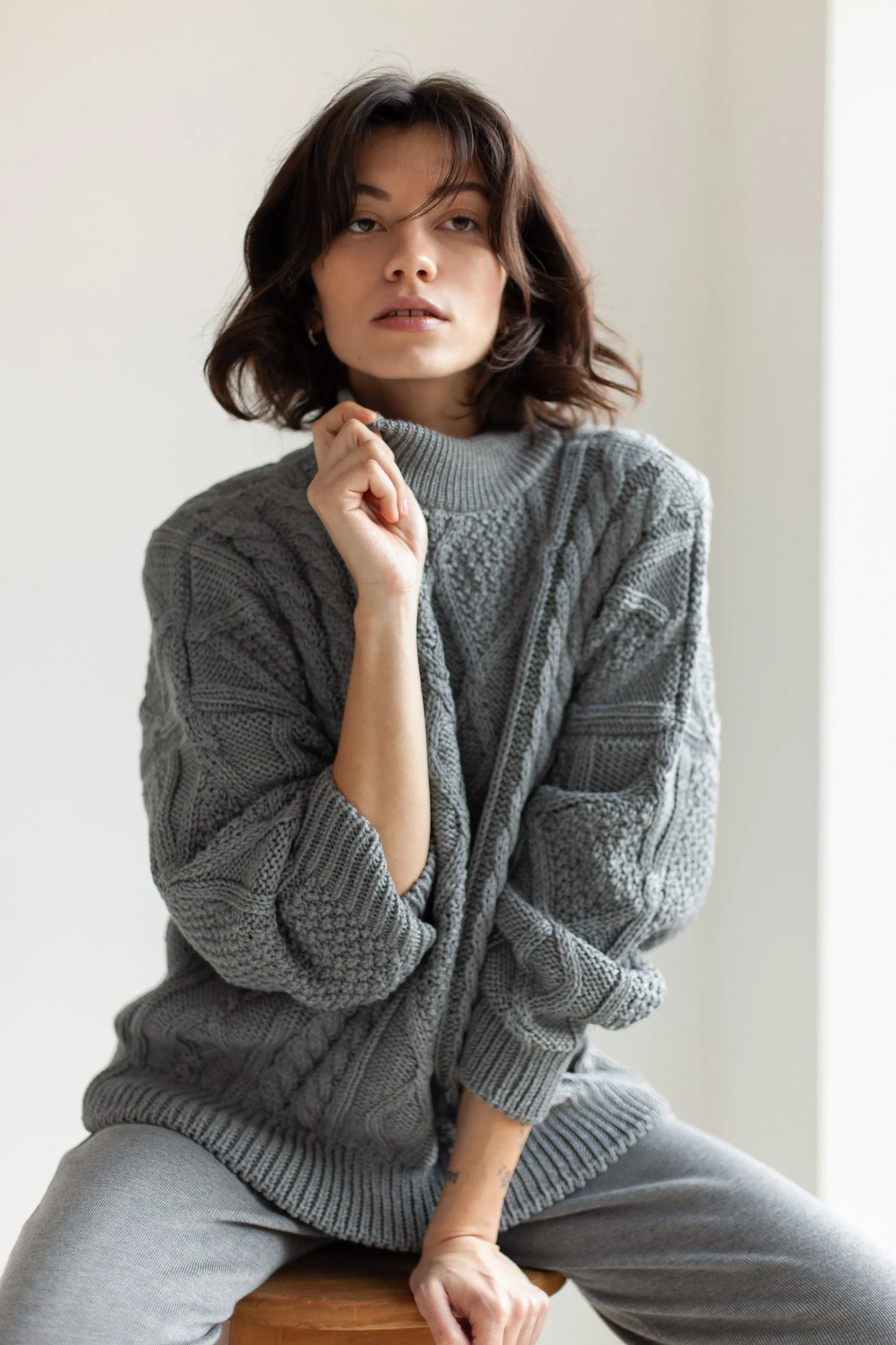 Nonna Cable-Knit 100% Merino Sweater Grey