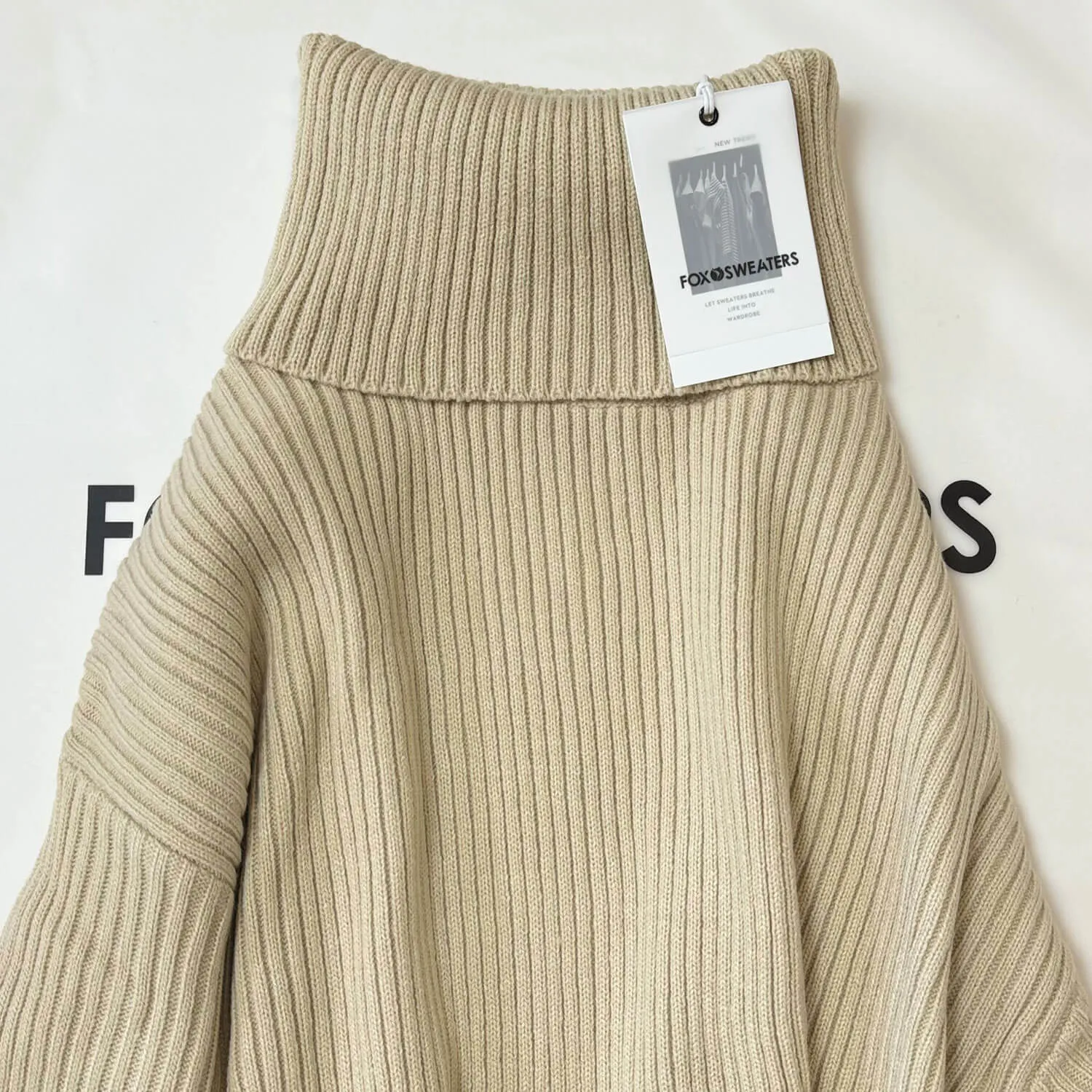 Oversized Beige Turtleneck Drop Shoulder Split Side Rib Knit Sweater