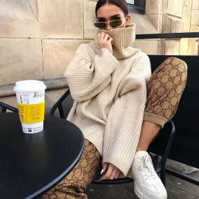 Oversized Beige Turtleneck Drop Shoulder Split Side Rib Knit Sweater