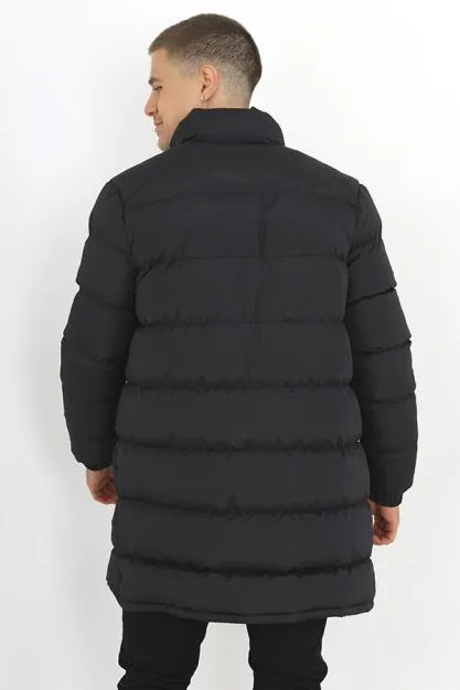 PLAIN BLACK PADDED FUNNEL NECK LONG JACKET