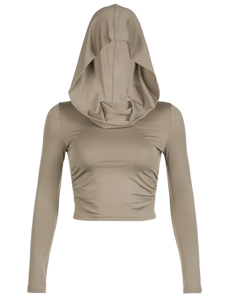 Retro Hooded  Skinny Crop Long Sleeve Top