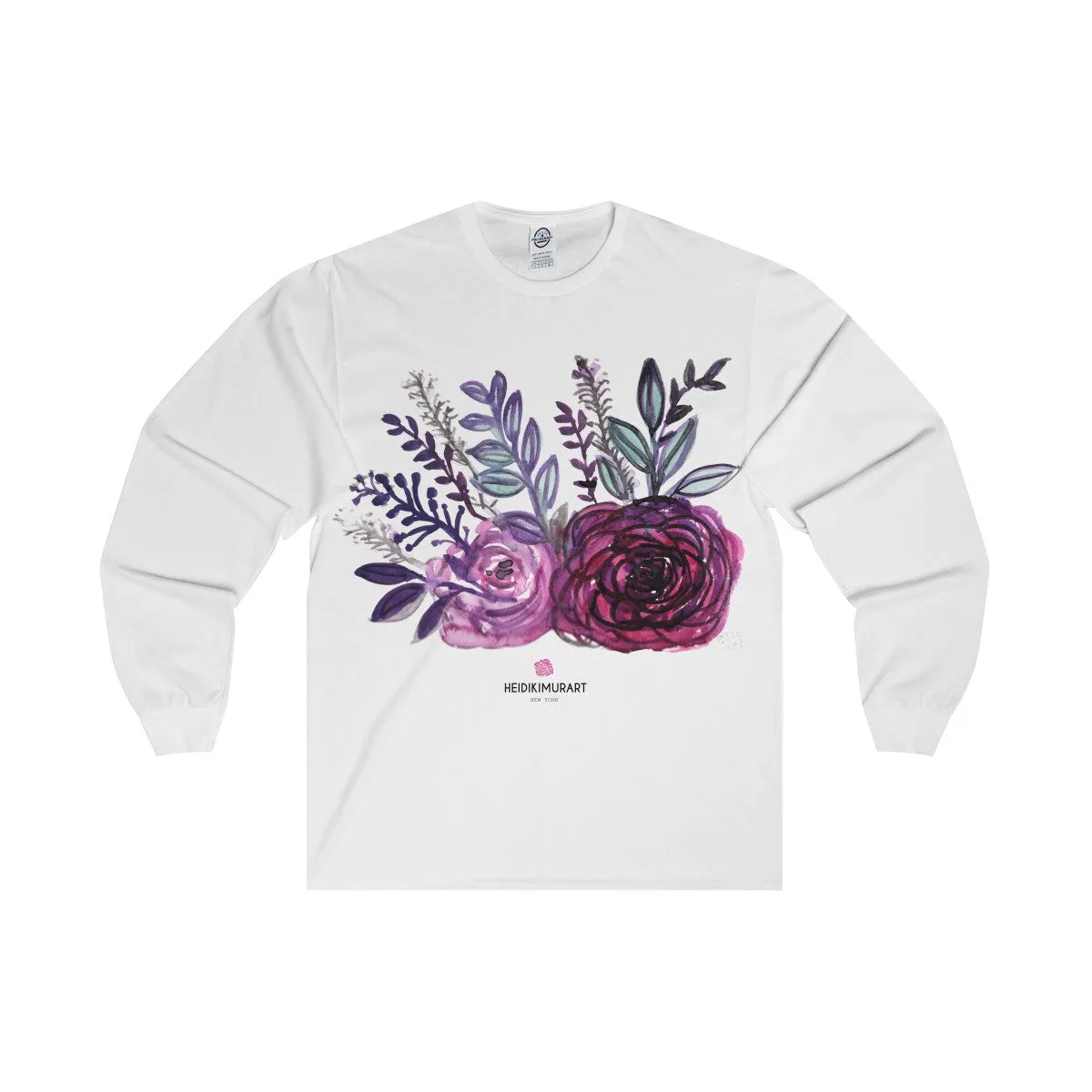 Rose Floral Print Premium Women's Designer Long Sleeve Tee - Made in USA