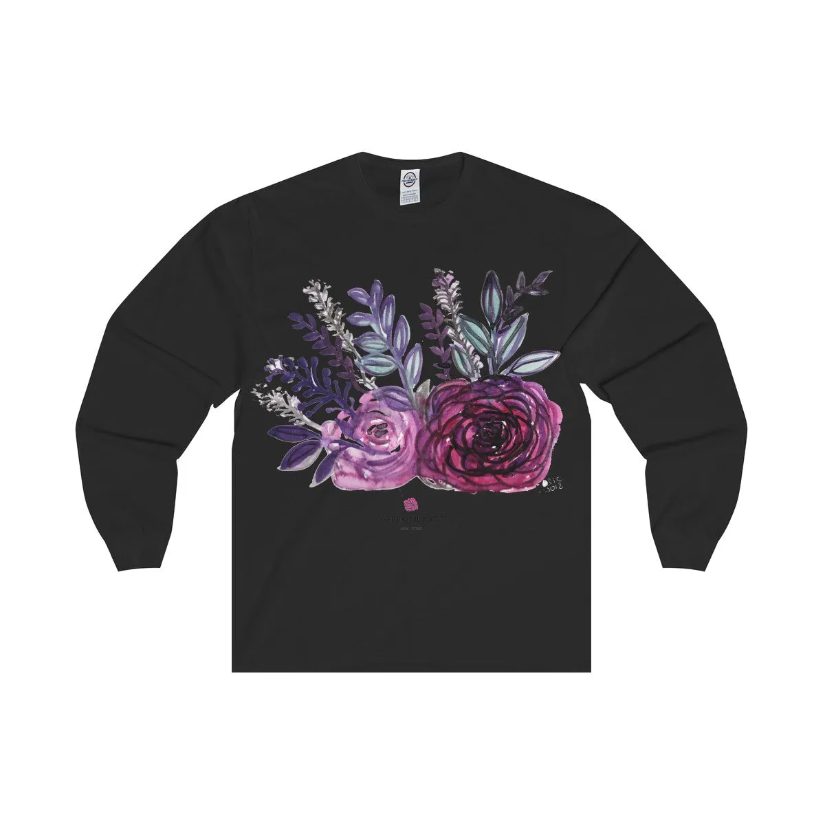 Rose Floral Print Premium Women's Designer Long Sleeve Tee - Made in USA