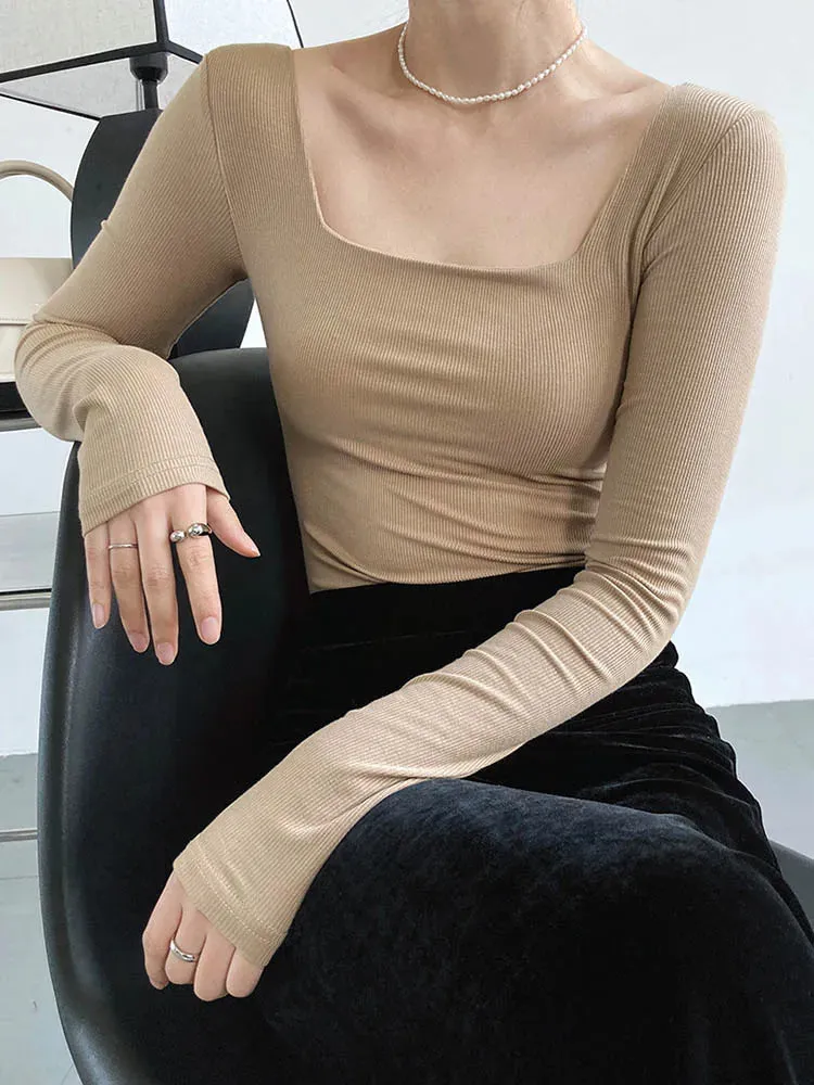 Slim-fit Square-neck Bottoming Shirt Long Sleeve Tee