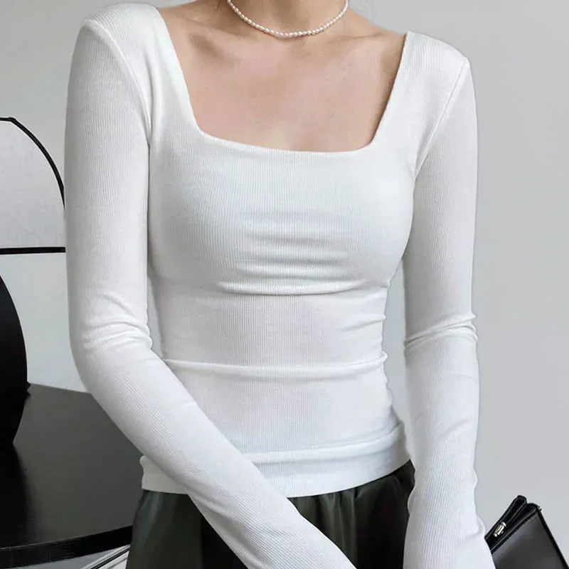 Slim-fit Square-neck Bottoming Shirt Long Sleeve Tee