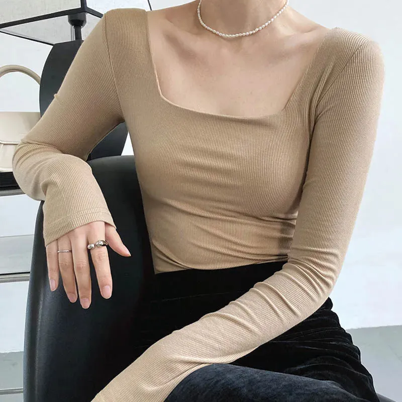 Slim-fit Square-neck Bottoming Shirt Long Sleeve Tee