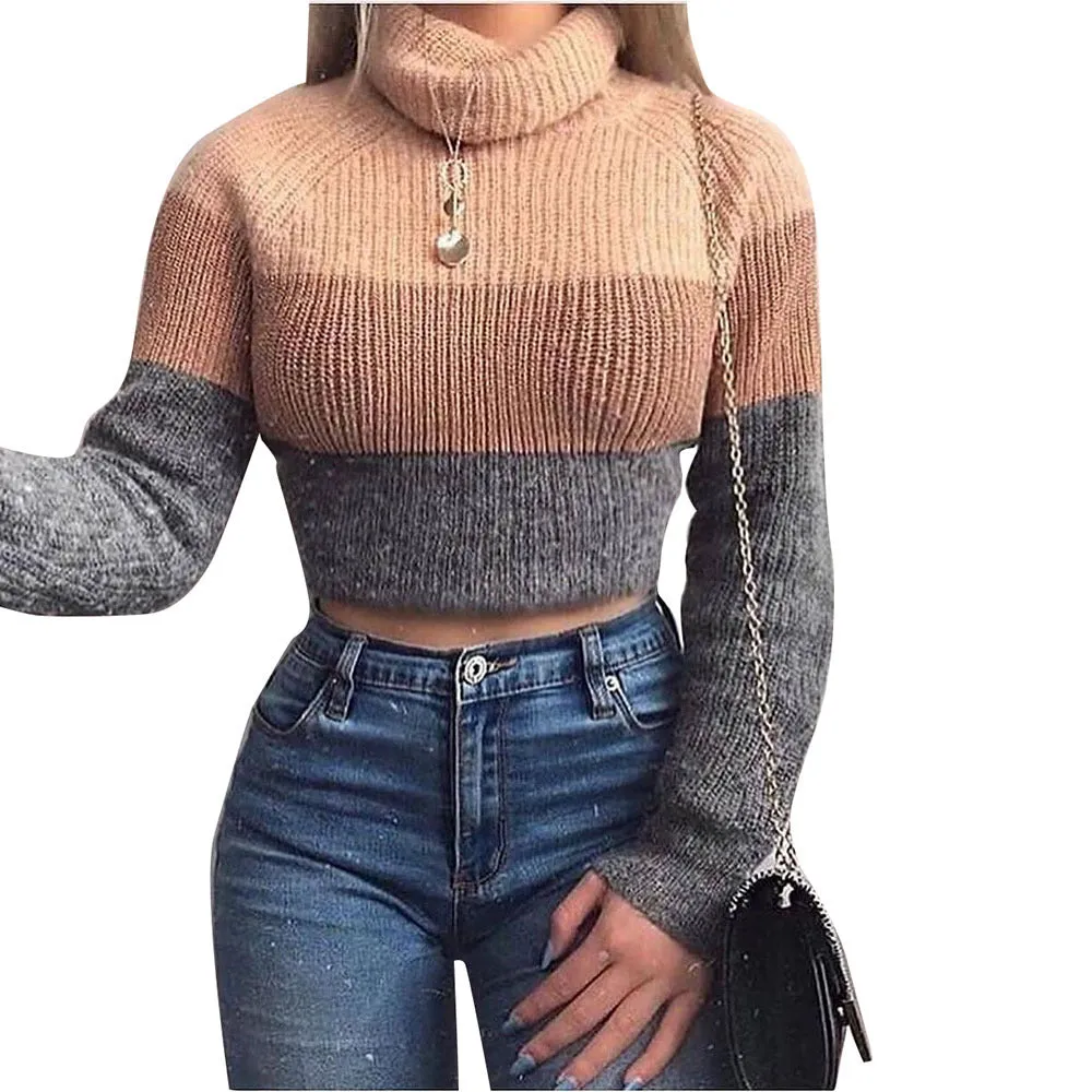 Tri-color knitted turtleneck T-shirt sweater