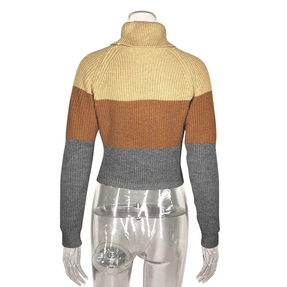 Tri-color knitted turtleneck T-shirt sweater