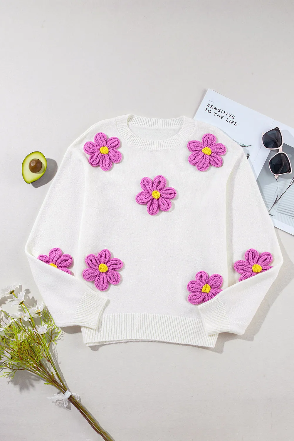 White Floral Crochet Chunky Knit Sweater