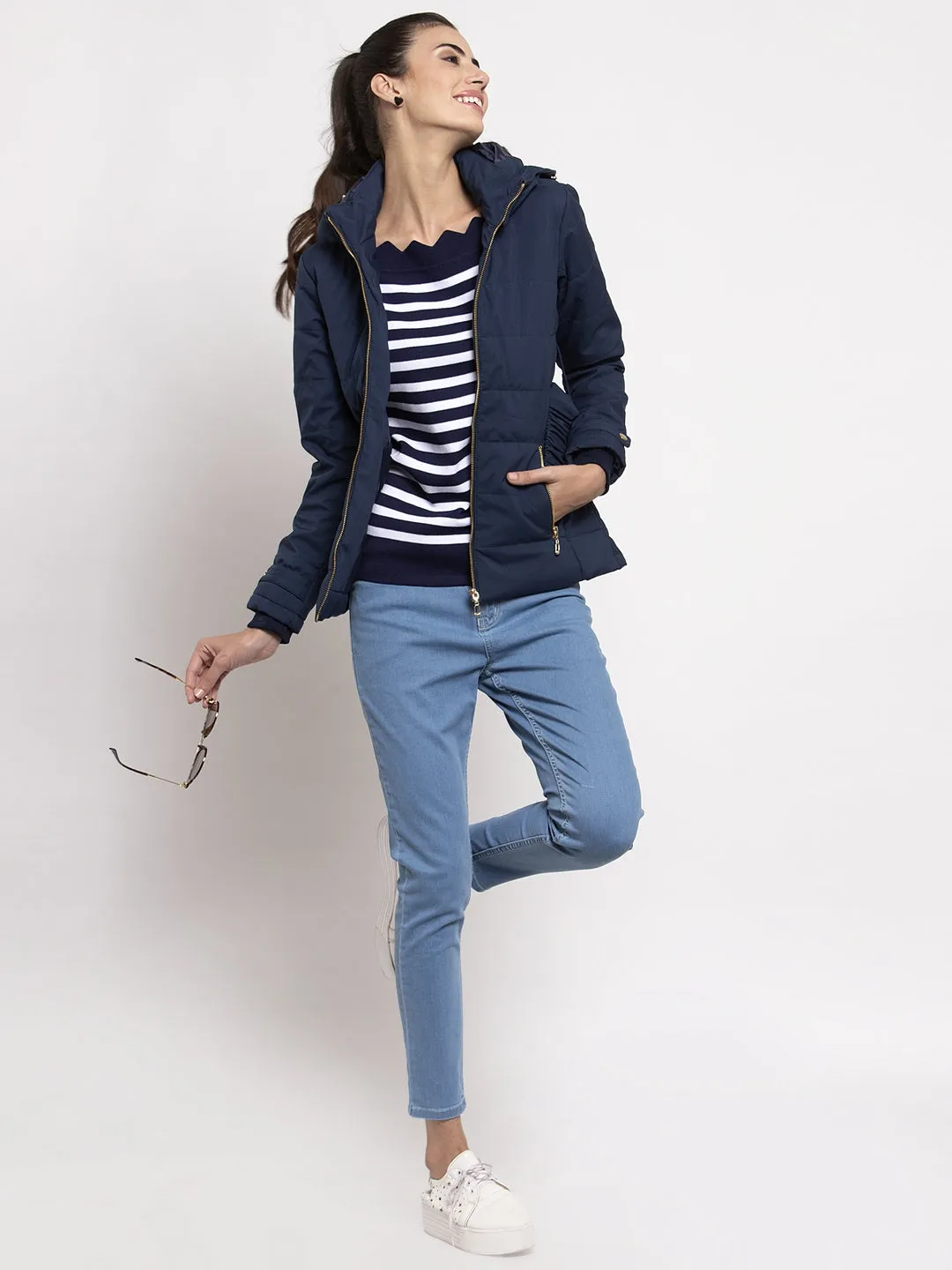 Women Navy Solid Hooded Jacket