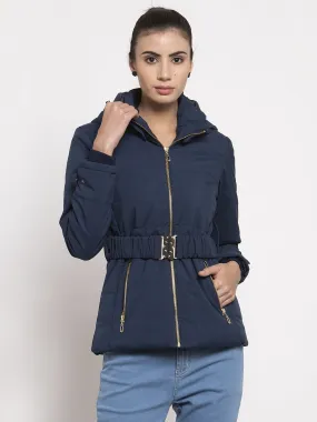 Women Navy Solid Hooded Jacket