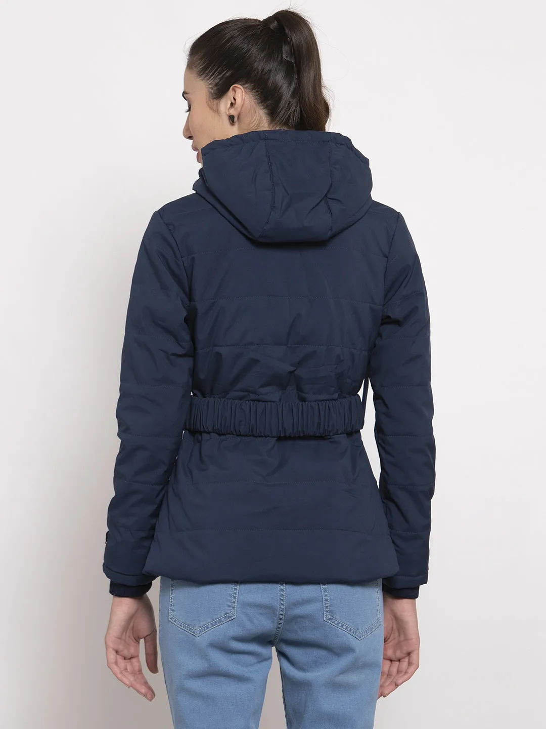 Women Navy Solid Hooded Jacket