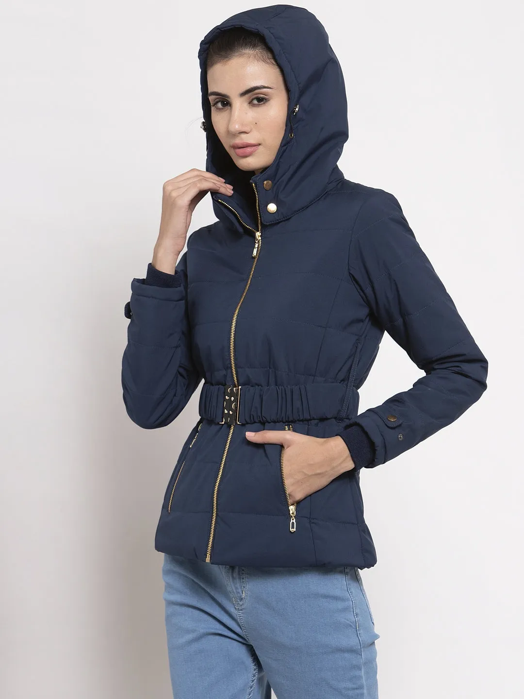 Women Navy Solid Hooded Jacket