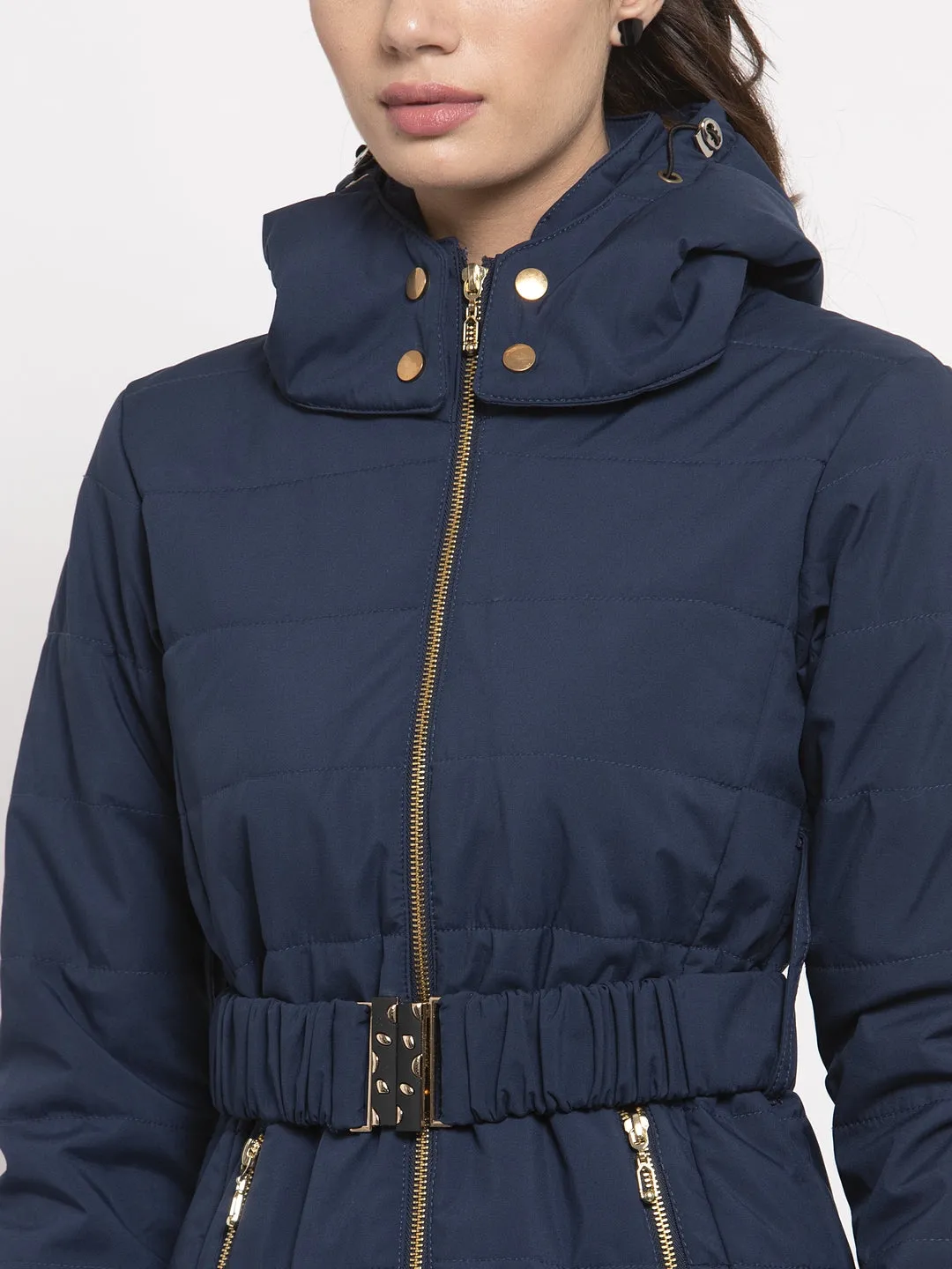 Women Navy Solid Hooded Jacket