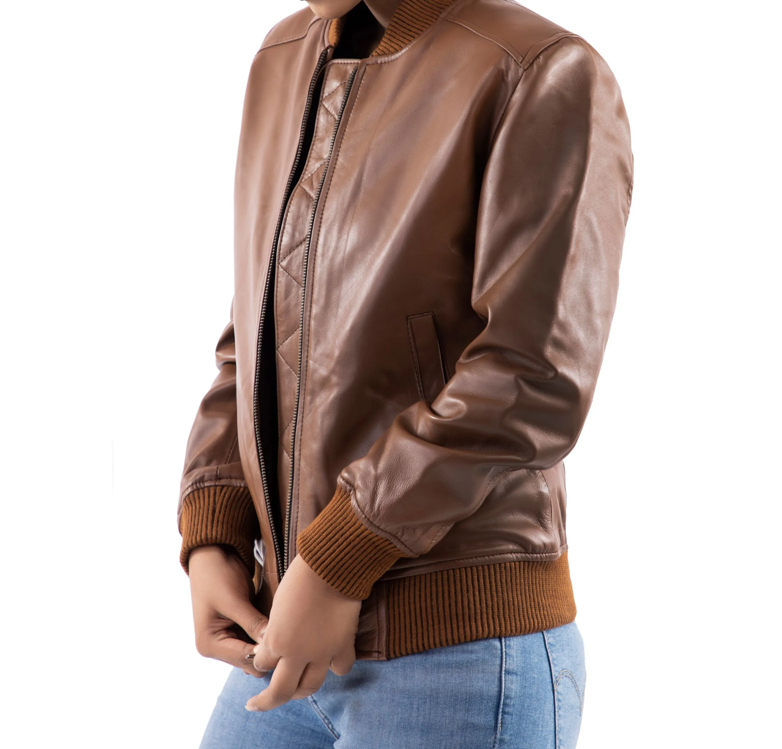 Womens Bomber Leather Jacket-Cognac