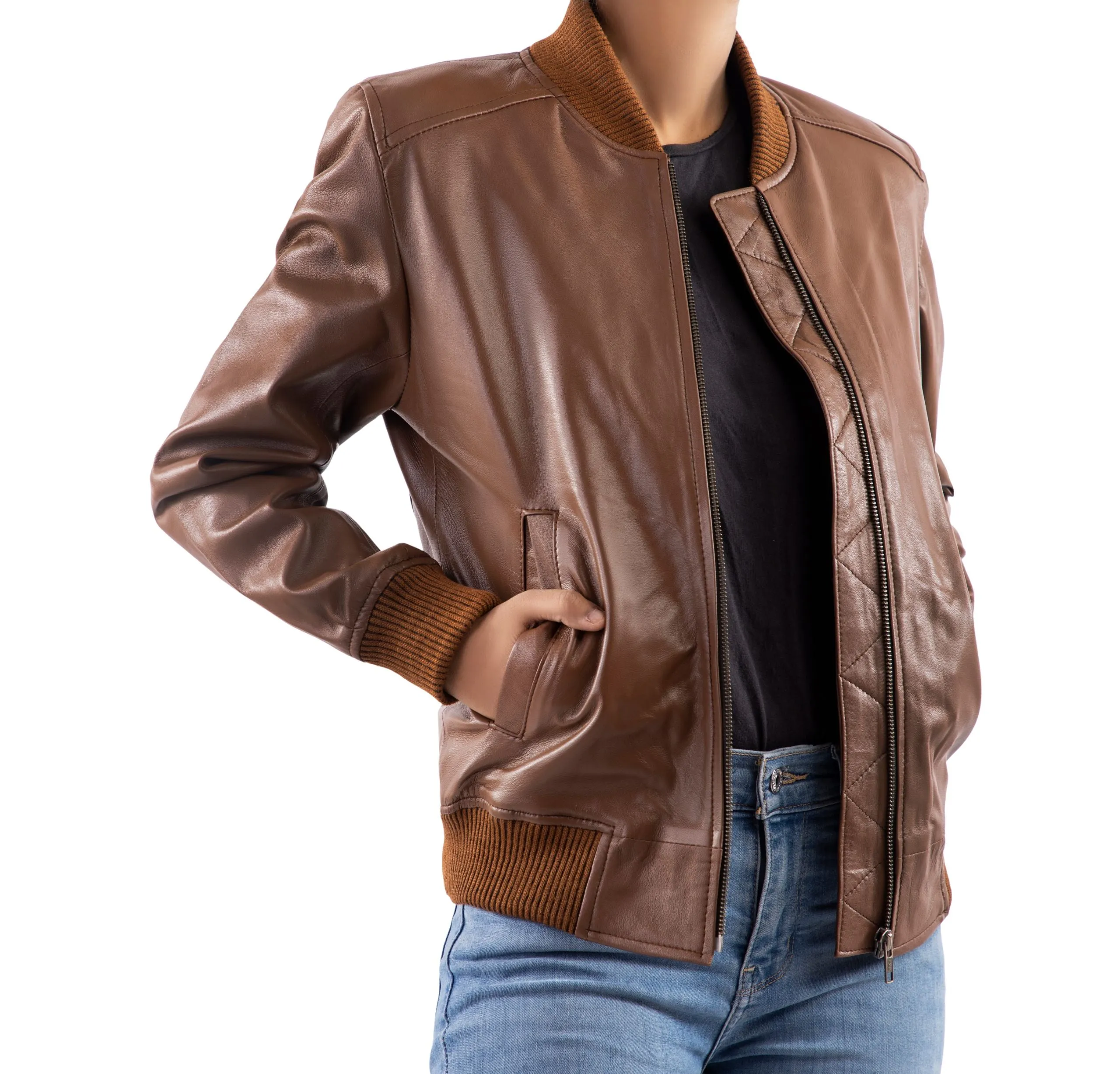 Womens Bomber Leather Jacket-Cognac