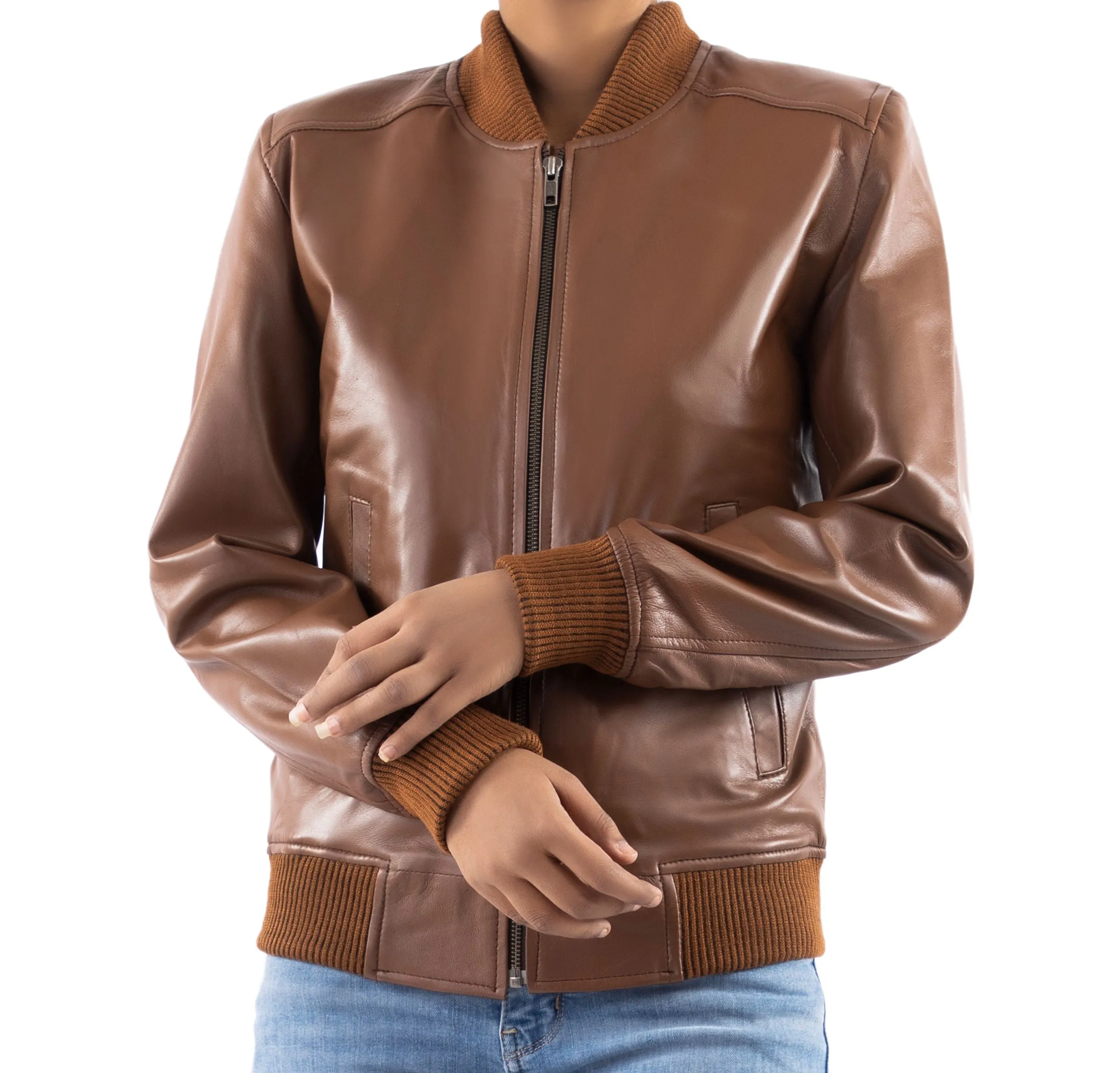 Womens Bomber Leather Jacket-Cognac