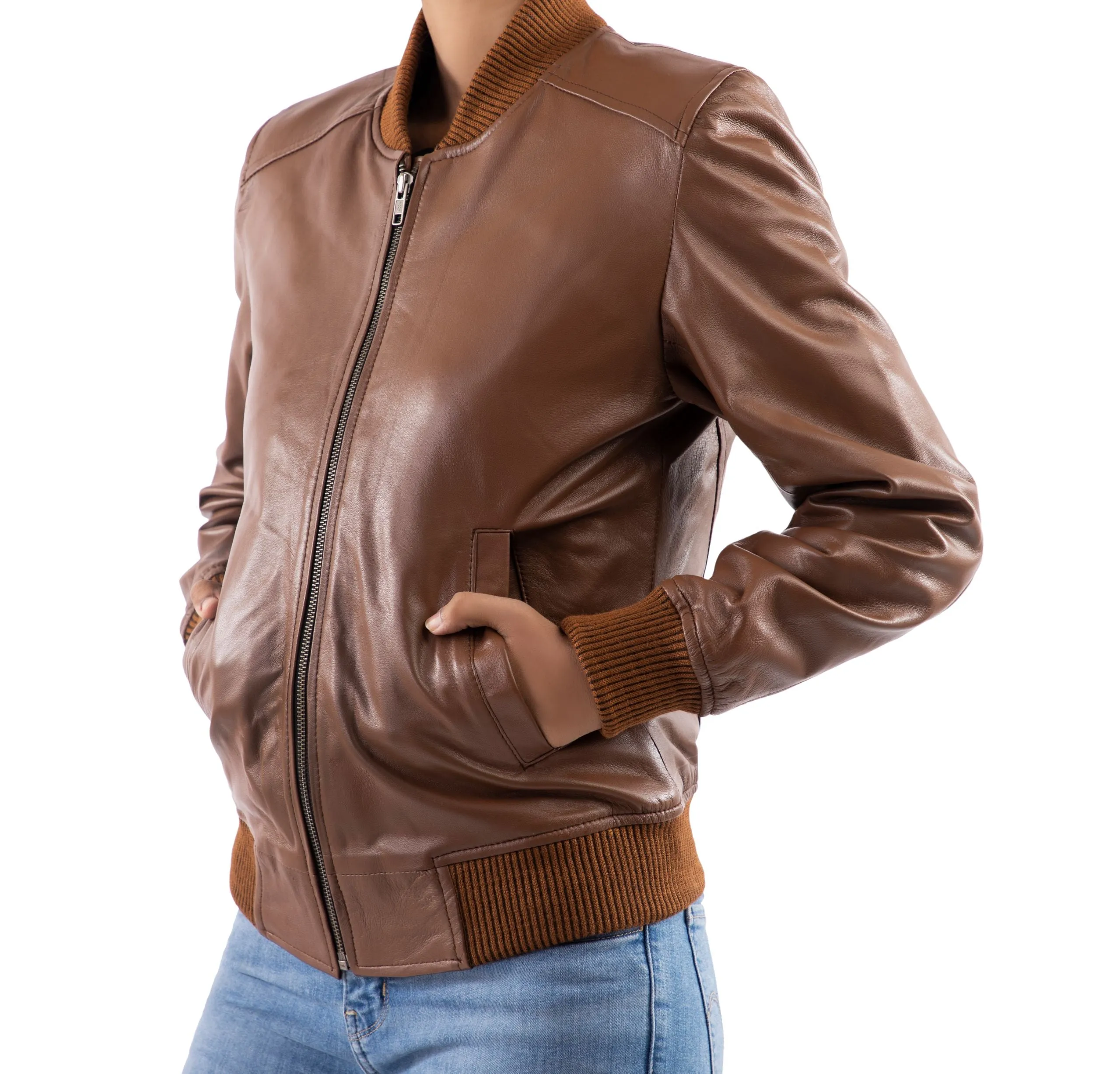 Womens Bomber Leather Jacket-Cognac